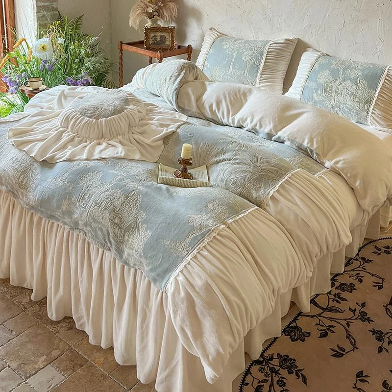 冬季法式雕花加厚牛奶绒四件套公主风珊瑚绒双面绒加绒被套床裙款