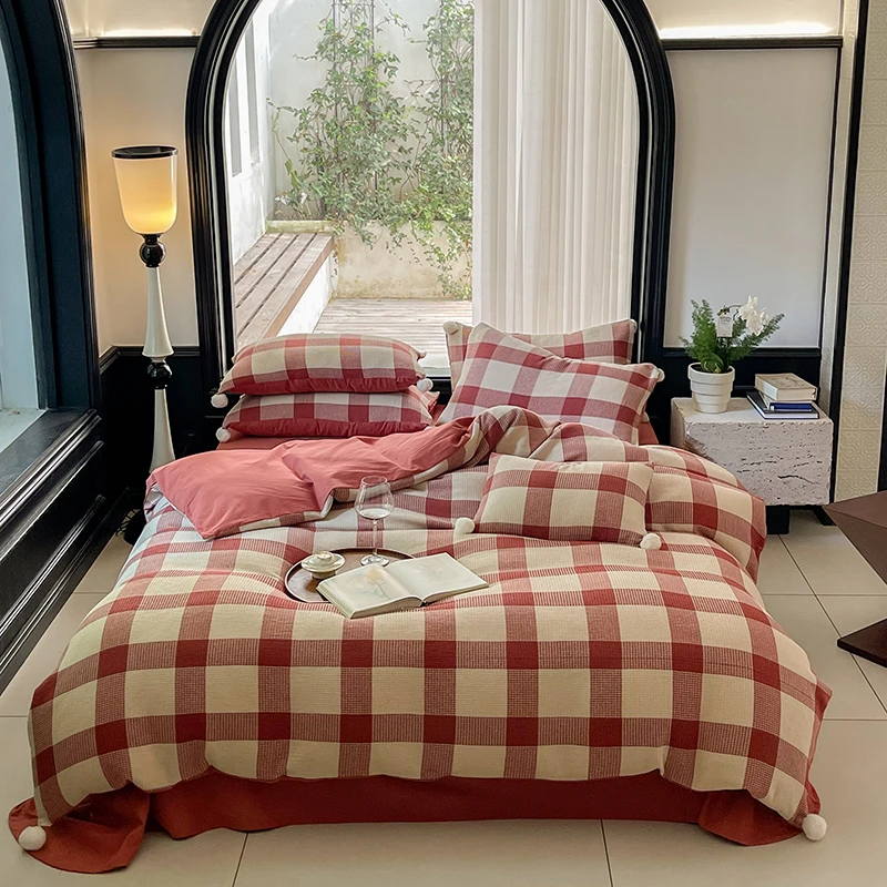秋冬色织格子磨毛被套纯棉双人床单款全棉柔软保暖1米8床上四件套