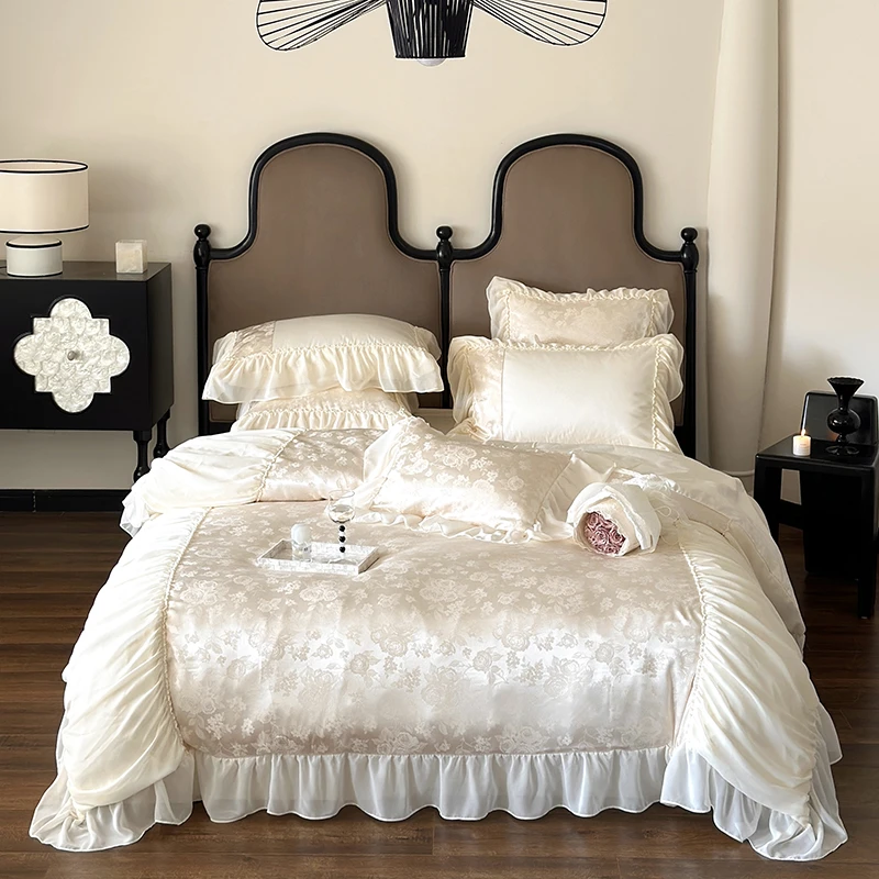 高端法式140支长绒棉蕾丝四件套纯棉全棉提花被套公主风床上用品4