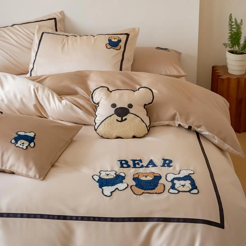卡通风春夏季天丝四件套可爱小熊刺绣被套床单款凉感丝滑床上用品