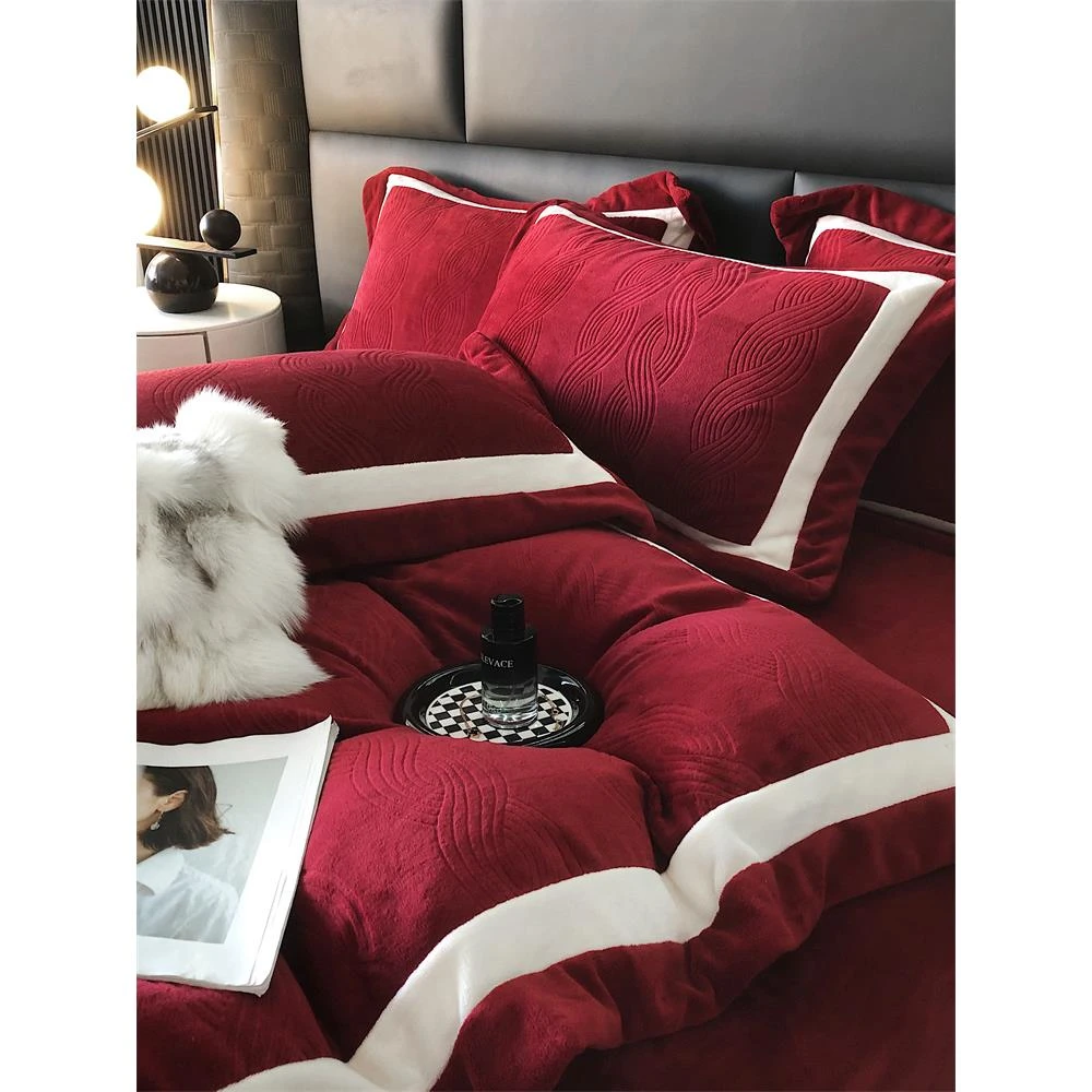 秋冬加绒加厚牛奶绒床上四件套新款红色双面珊瑚绒保暖单双人被套