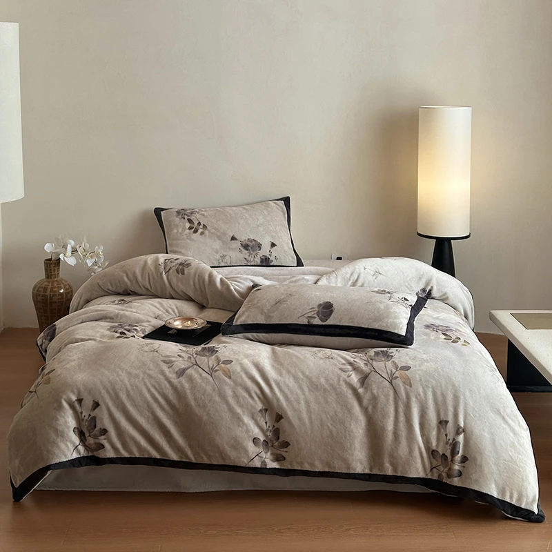 A类冬季复古风加厚牛奶绒四件套保暖数码印花被套床单款床上用品4