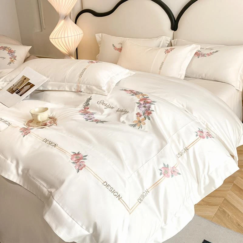 轻奢简约风高档网红款纯棉四件套床上用品被套床单全棉刺绣被罩4