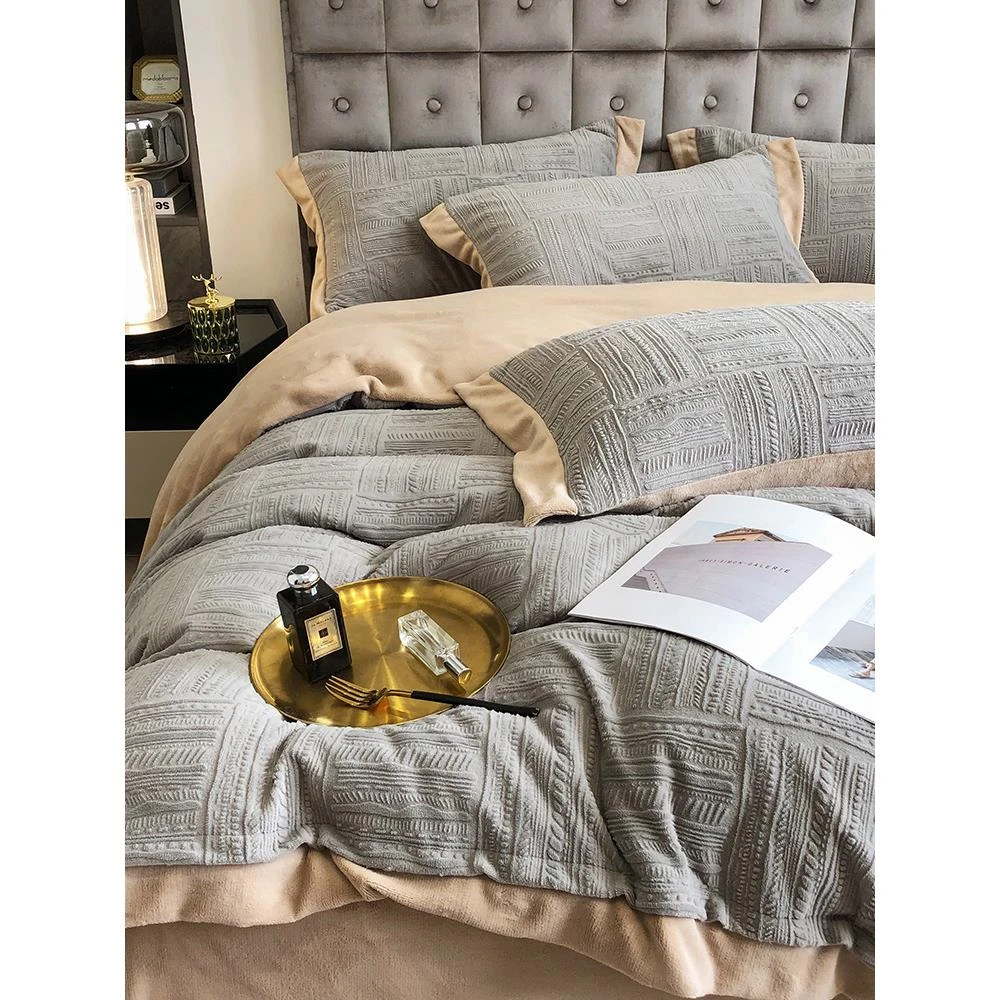 高端轻奢雕花牛奶绒床上四件套加厚法兰珊瑚绒双面绒冬季被套床单