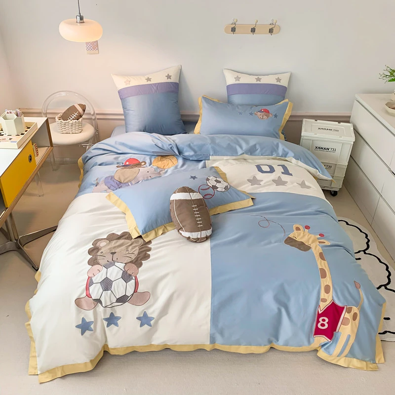 可爱卡通风120支长绒棉全棉纯棉刺绣四件套被套裸睡床上用品4件套