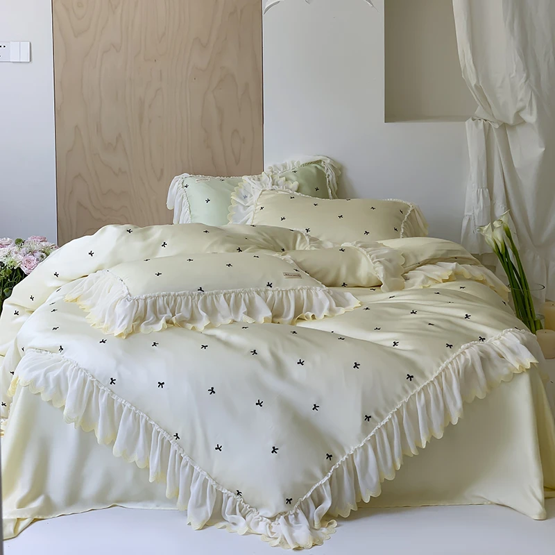 法式刺绣夏季天丝四件套凉感冰丝花边裸睡单双人被套床单床上用品