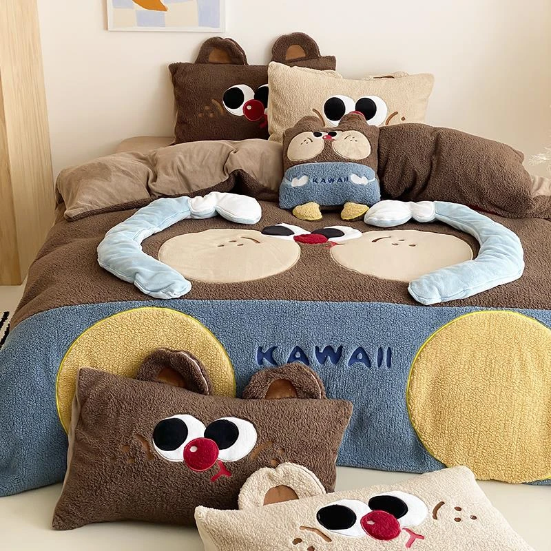 可爱卡通立体萌熊泰迪绒毛绒牛奶绒四件套加厚冬季单双人被套床单