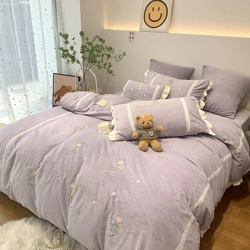 韩式加厚牛奶绒四件套小清新花卉荷叶花边被套保暖秋冬季床上用品