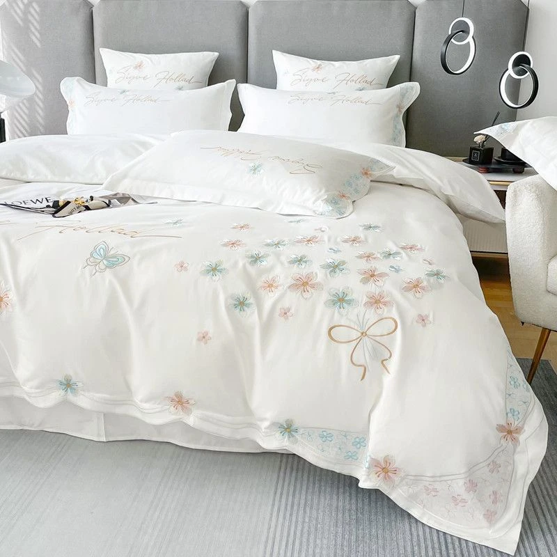 网红款少女心120支长绒棉四件套全棉小清新刺绣蝴蝶纯棉被套床单4
