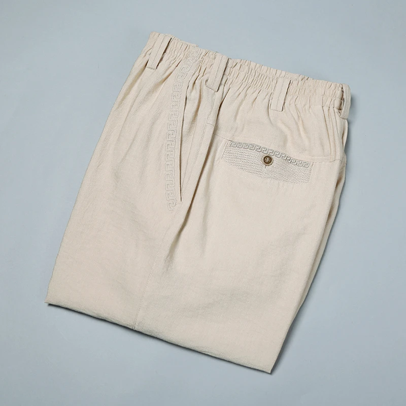 百福龙夏季中式休闲男长裤新款松紧腰宽松唐装大码男裤高档男裤