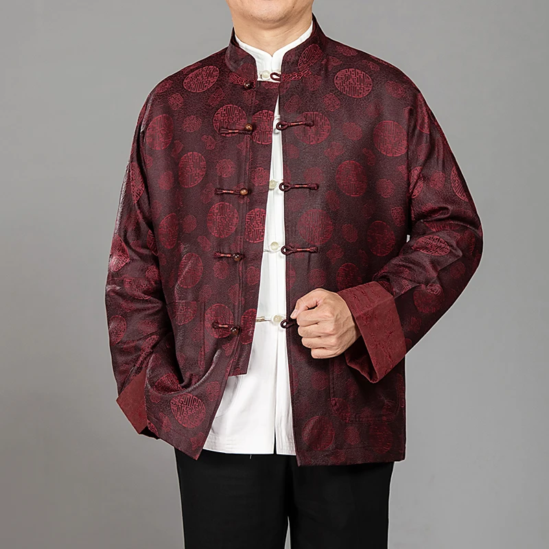 百福龙重磅高档桑蚕丝男唐装秋装外套中老年中式无肩连袖唐装上衣