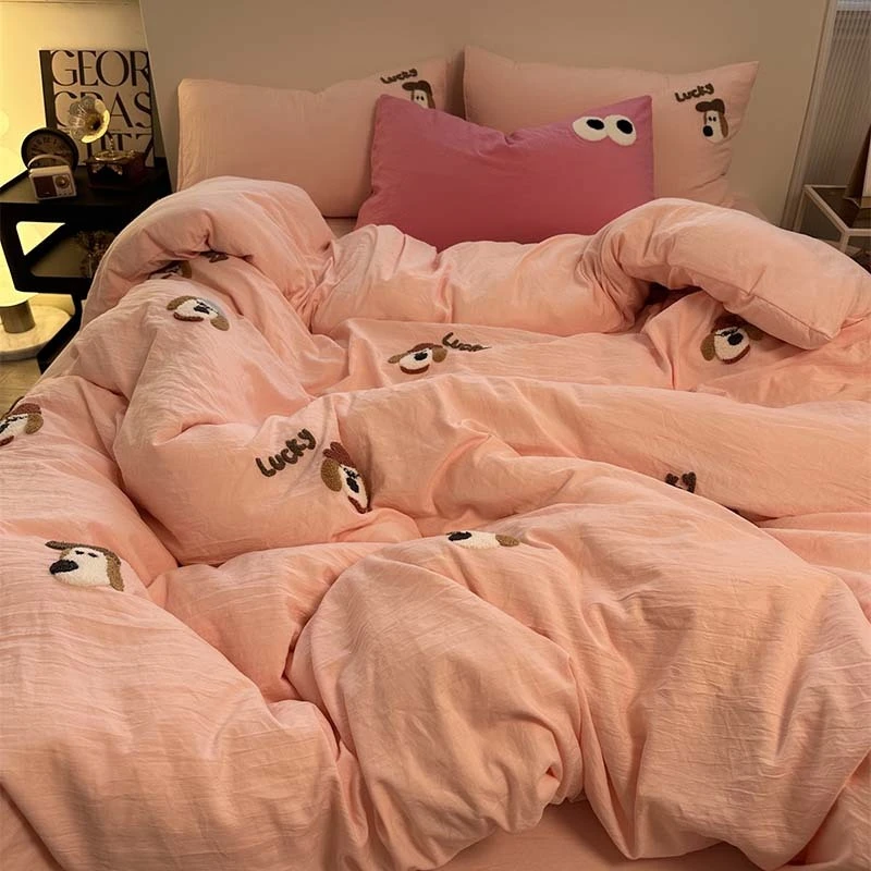 ins超柔煤球毛巾绣四件套水洗棉被套床单学生宿舍三件套耐脏床单