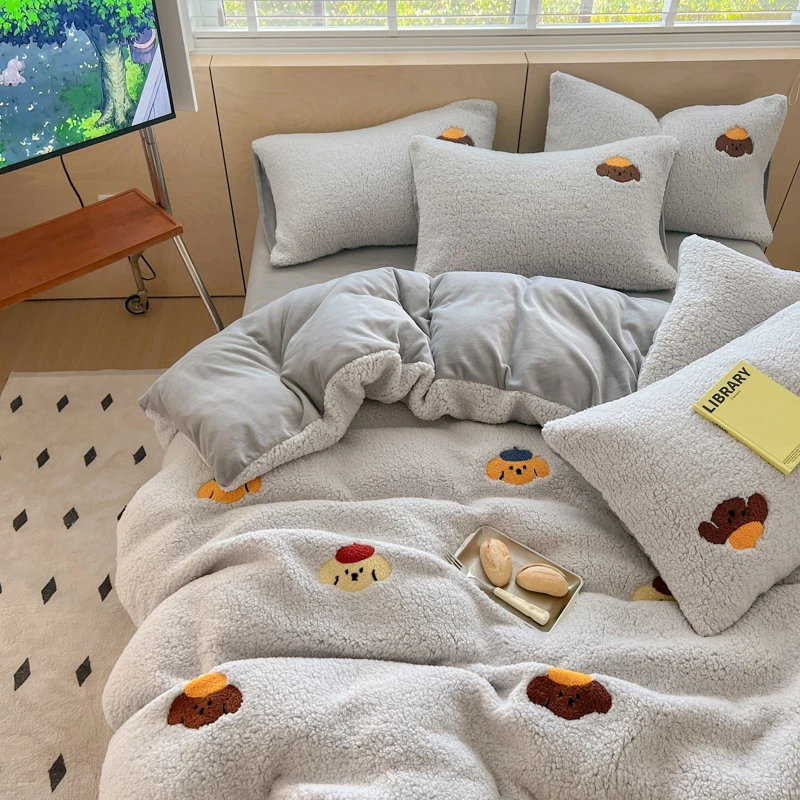 卡通ins可爱珊瑚冬季羊羔绒四件套被套加厚牛奶保暖绒床单三件套