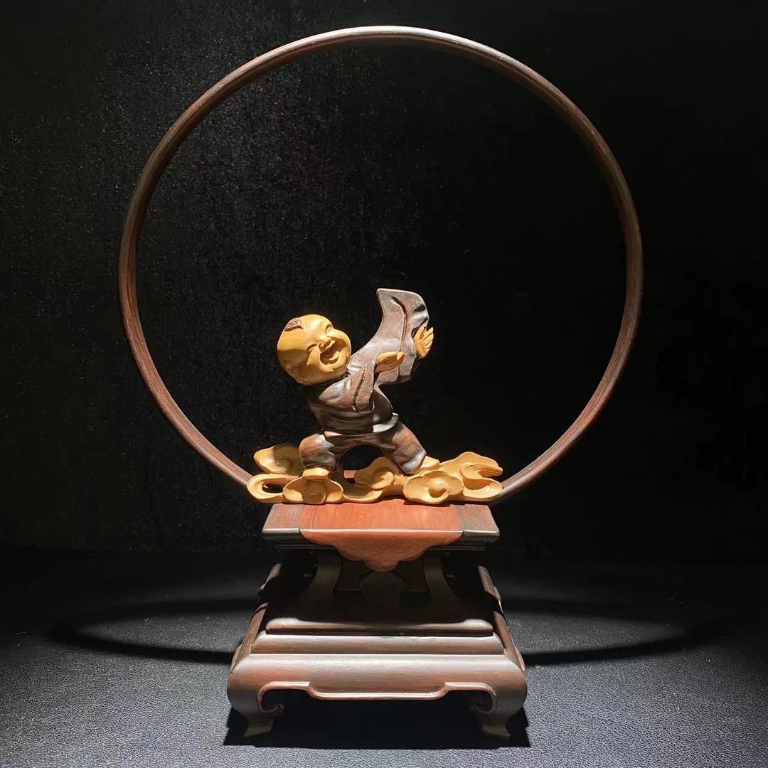 高级新中式童子精致立体树脂仿实木奇石底座万用免挖槽实用高档