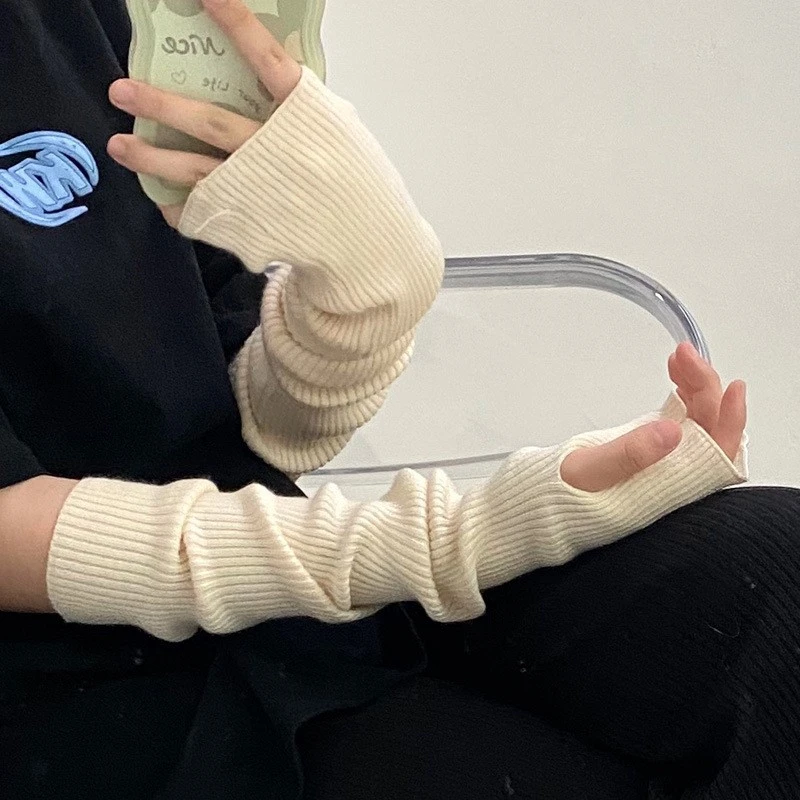 针织手套袖套女秋冬酷保暖纯色月子手袖护腕韩版毛线半指空调房夏
