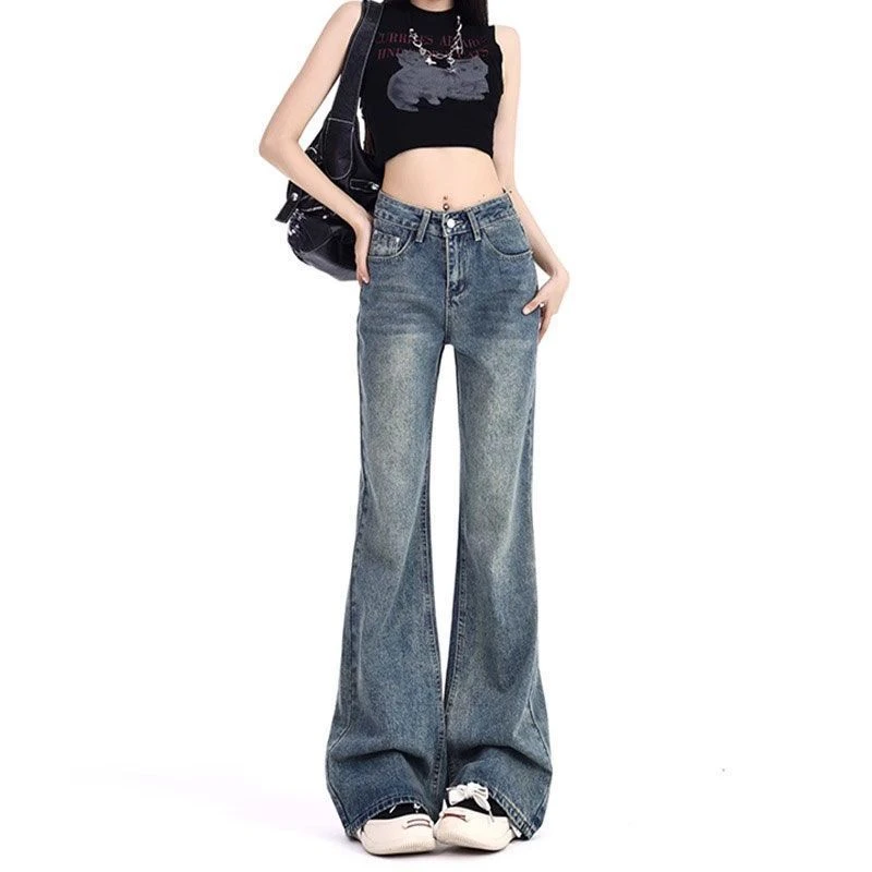 高腰阔腿牛仔裤女2024复古蓝百搭设计感不贴腿微喇叭直筒拖地长裤
