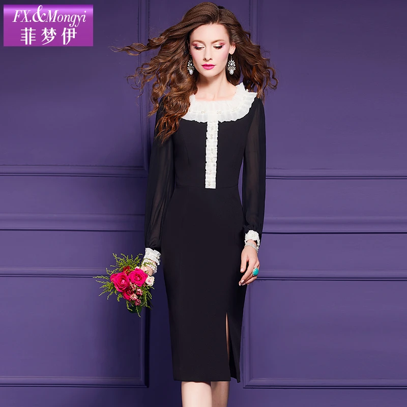 菲梦伊新款时尚设计感长袖修身中长款连衣裙59893