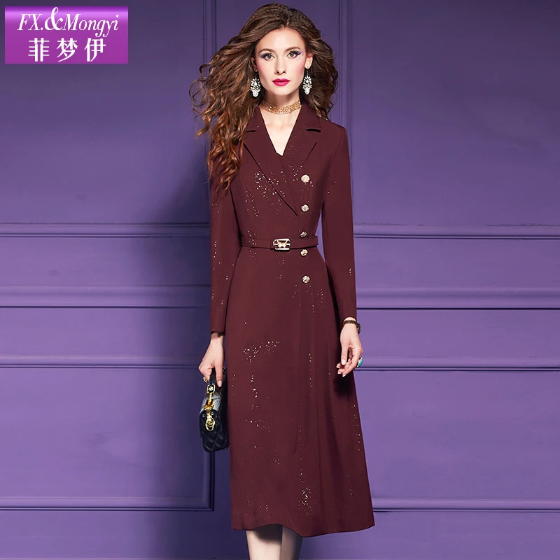 菲梦伊新款通勤气质西装领显瘦A摆高腰连衣裙61778