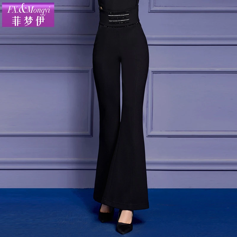 菲梦伊黑色喇叭裤女长裤子秋季新款高腰显瘦垂感钉珠西装裤52456