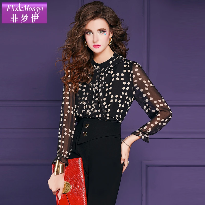 菲梦伊波点印花黑色衬衫女长袖秋装法式设计感时尚上衣薄59785