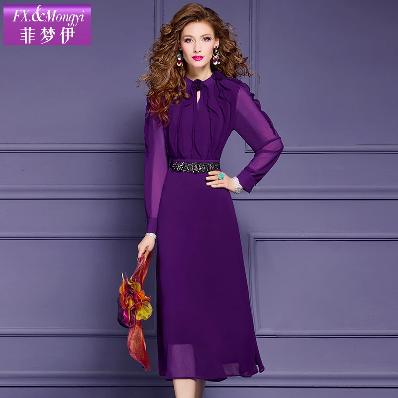 菲梦伊蓝色高级别致春夏新款木耳边长袖时尚优雅连衣裙55362