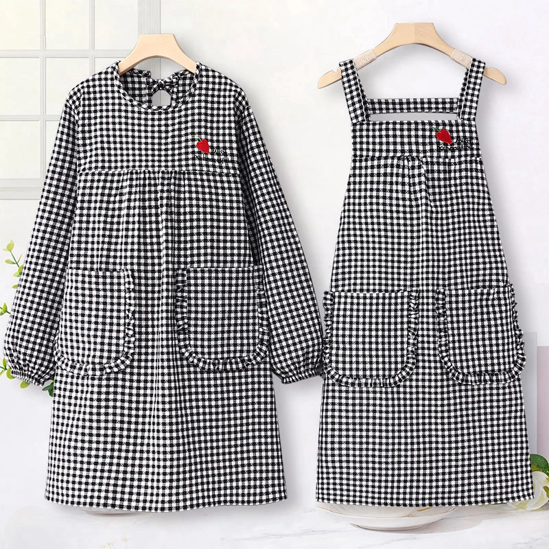 韩版长袖纯棉围裙女家用厨房做饭防污防油罩衣餐厨房专用长袖围裙