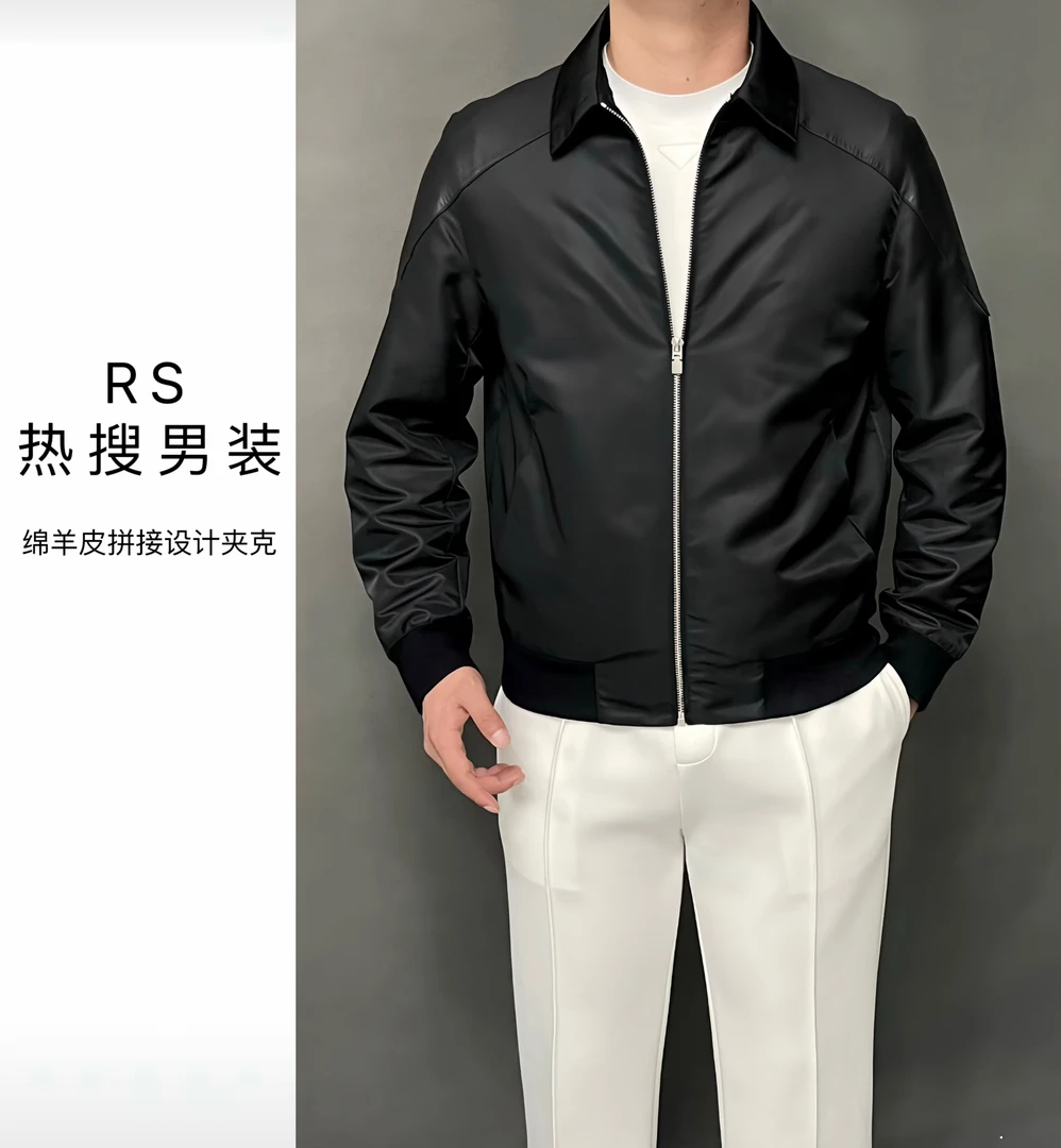 热搜-2024新款轻奢高定男士翻领拼绵羊皮休闲经典薄棉夹克外套