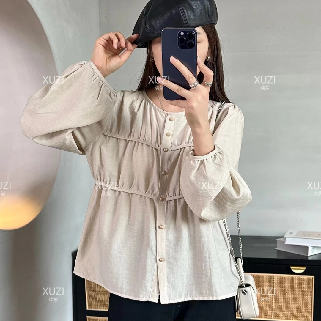 【续紫严选】秋季新款气质长袖上衣显瘦褶皱设计感百搭早秋上衣2822