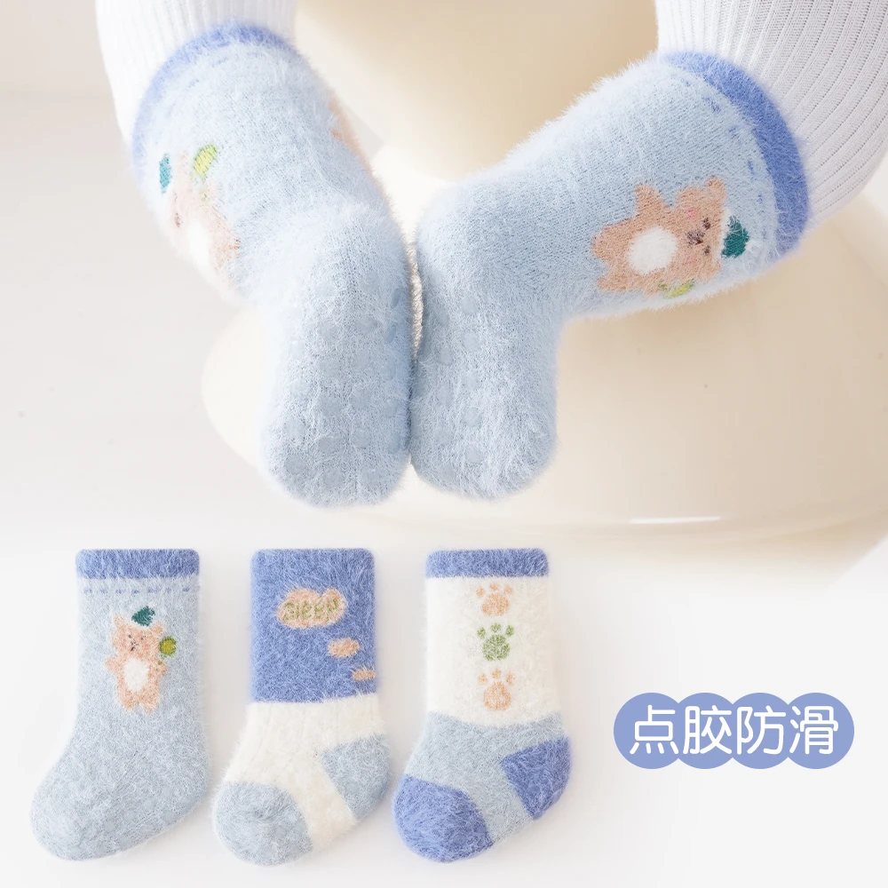 婴儿袜子秋冬加绒加厚冬季毛绒袜男女宝宝新生儿童袜子初生中长筒