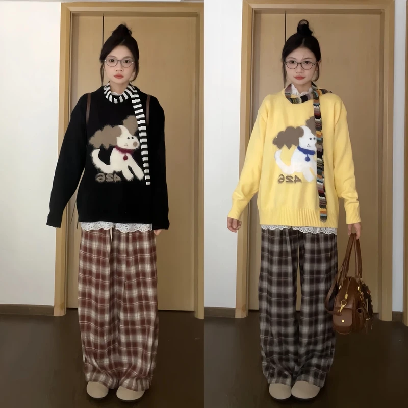 毛绒卡通小狗提花软糯套头毛衣女秋冬新款休闲宽松慵懒风针织衫潮