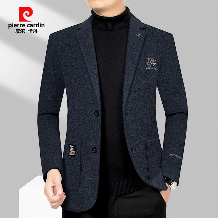 皮尔卡丹加厚毛呢男士西装秋冬款中年商务休闲西服外套加绒修身