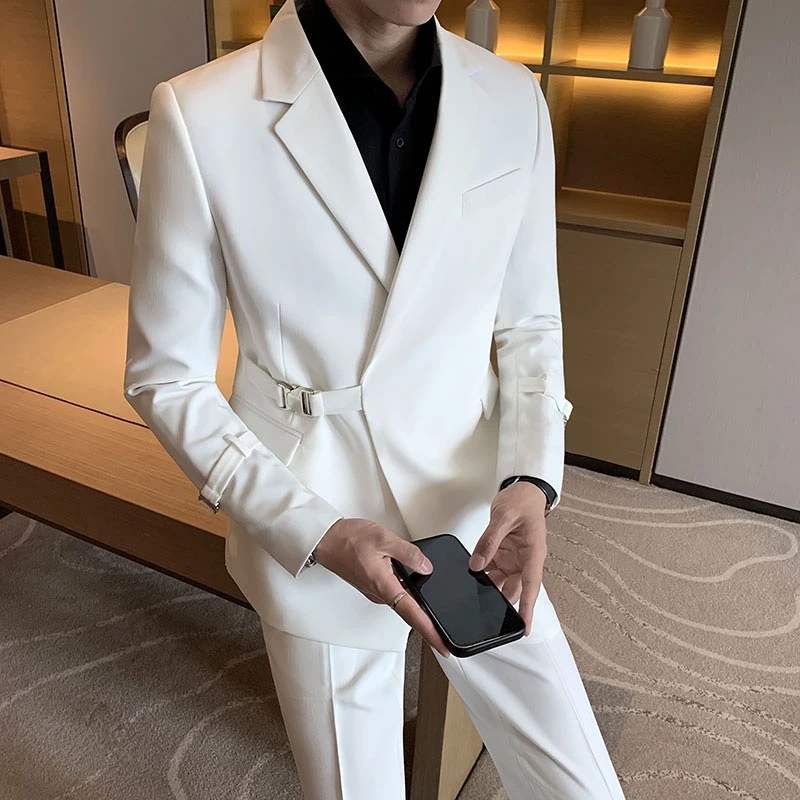 男士时尚白色帅气休闲西服套装韩版修身结婚修身痞帅潮牌气质西装