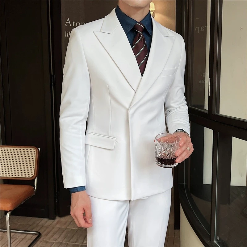 白色修身西服套装男婚礼商务职业正装帅气韩版休闲西装痞帅设计感