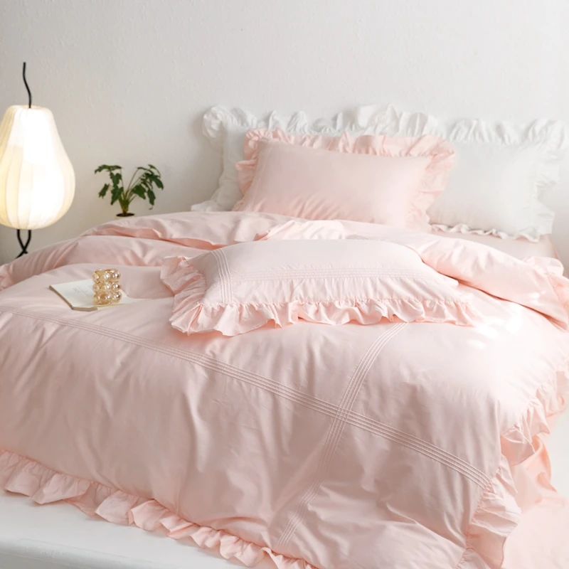 高级感少女心长绒棉四件套纯棉100%全棉被罩被套简约纯色床单床品