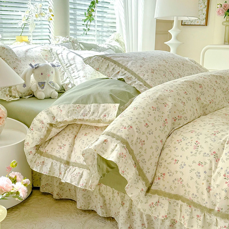 小清新全棉四件套韩版公主风宿舍纯棉被罩少女心被套单人床单学生