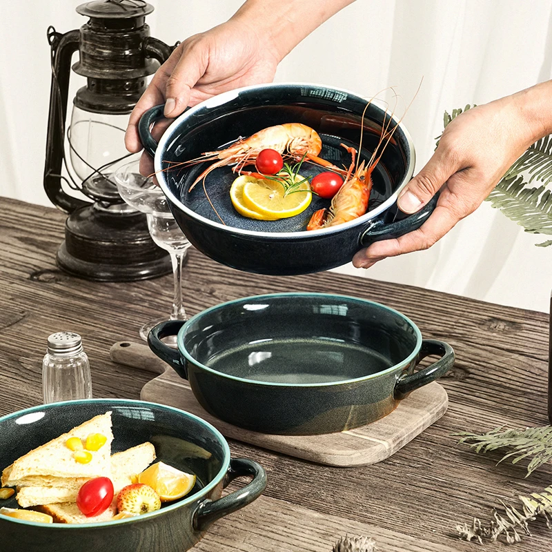 【微瑕】陶瓷双耳盘高颜值窑变家用高级感餐具釉下彩盘微波炉8英寸