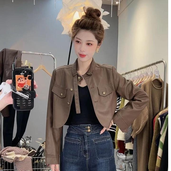 短款辣妹PU皮棕色皮衣外套女秋季宽松显瘦夹克春秋洋气百搭时尚