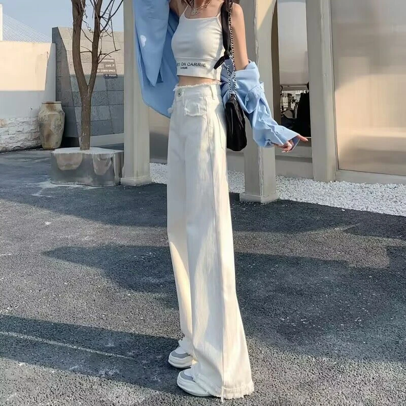 加绒白色高腰毛边直筒牛仔裤女2024秋冬季新款设计感阔腿拖地裤子