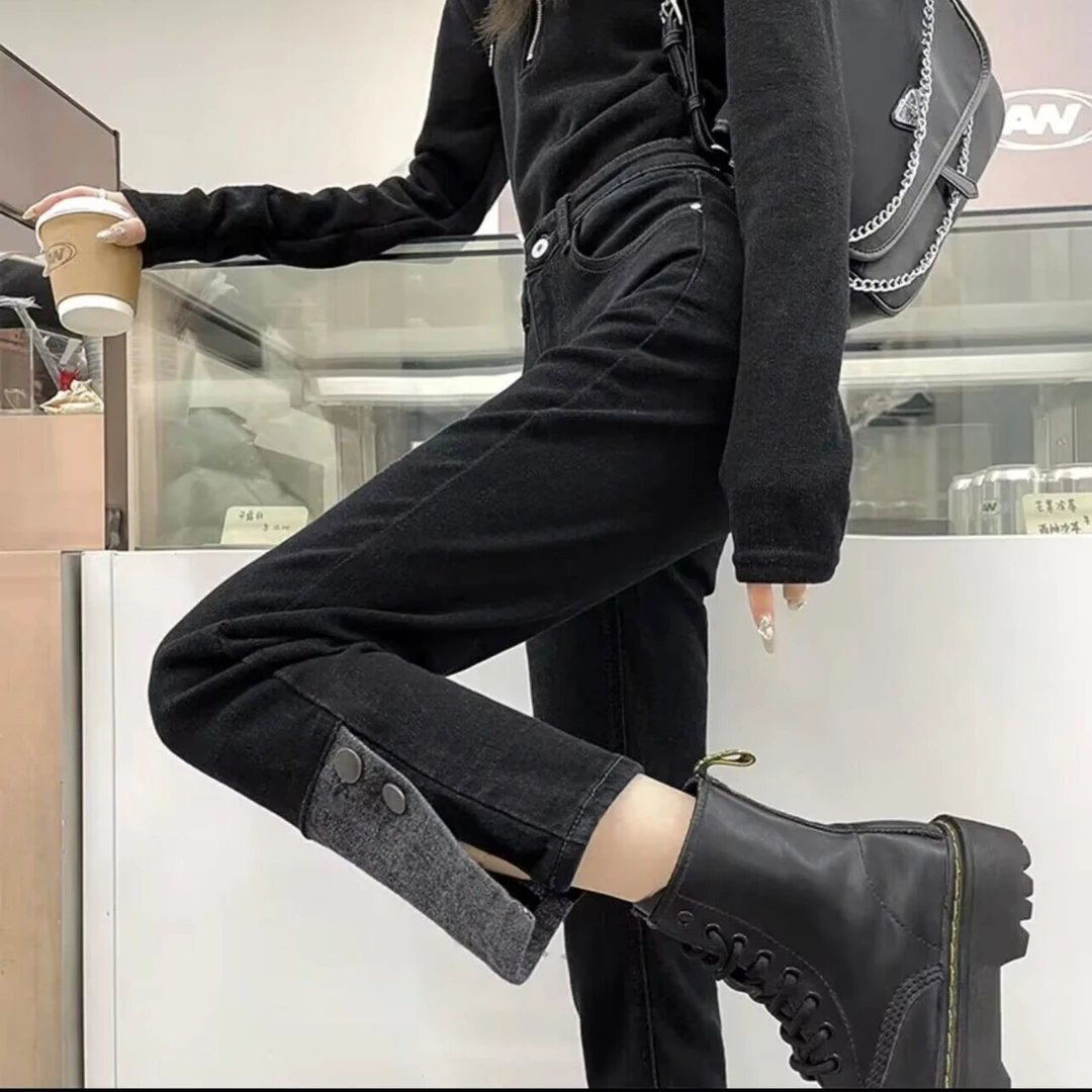 黑色直筒加绒牛仔裤女小个子2022秋冬新款高腰宽松显瘦九分烟管裤
