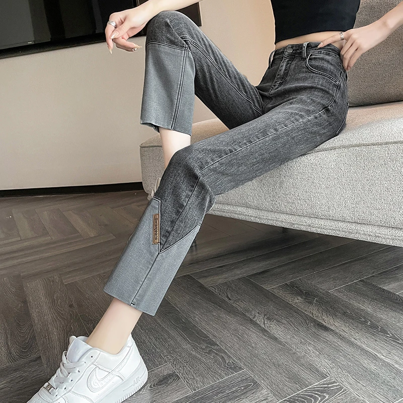 卷边直筒牛仔裤女春秋2023新款高腰显瘦九分小个子窄版烟管法棍裤