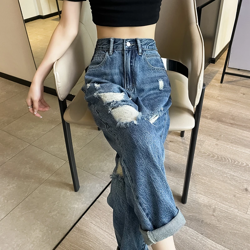 破洞哈伦牛仔裤女夏季新款高腰小个子宽松显瘦松紧百搭老爹裤子薄