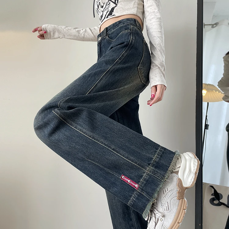 加绒窄版阔腿牛仔裤女2024年冬季爆款梨形身材收胯流苏直筒拖地裤