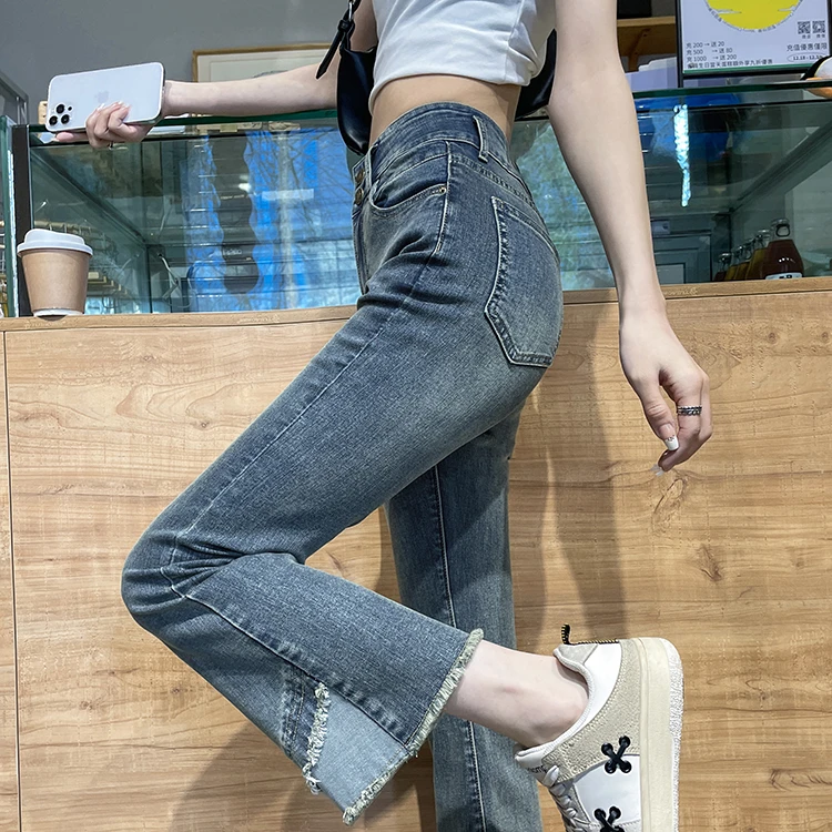 微喇牛仔裤女开叉小个子九分夏季薄款2023年新款高腰显瘦喇叭裤子
