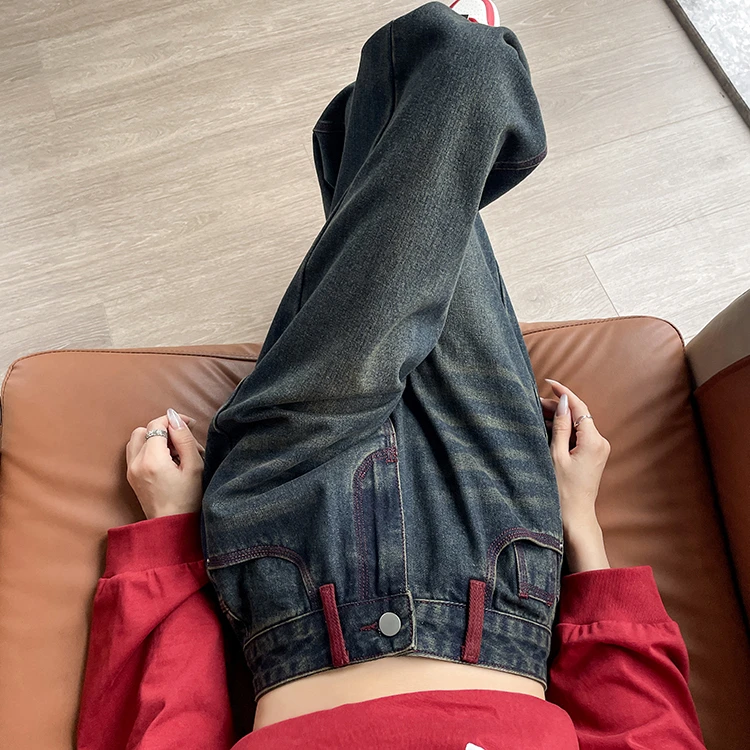 水泥灰窄版阔腿牛仔裤女早秋季新款爆款高腰撞色小个子直筒裤长裤