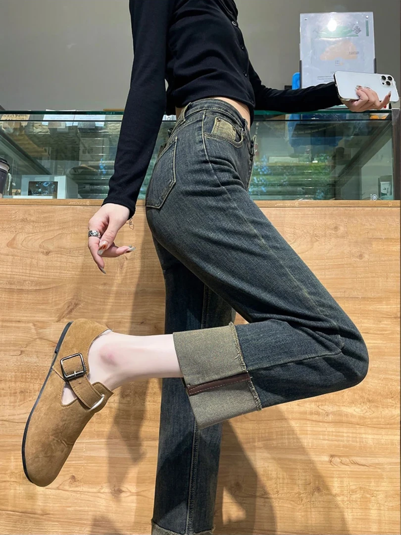 水泥灰烟管牛仔裤女秋冬季2023新款加绒高腰撞色小个子直筒法棍裤