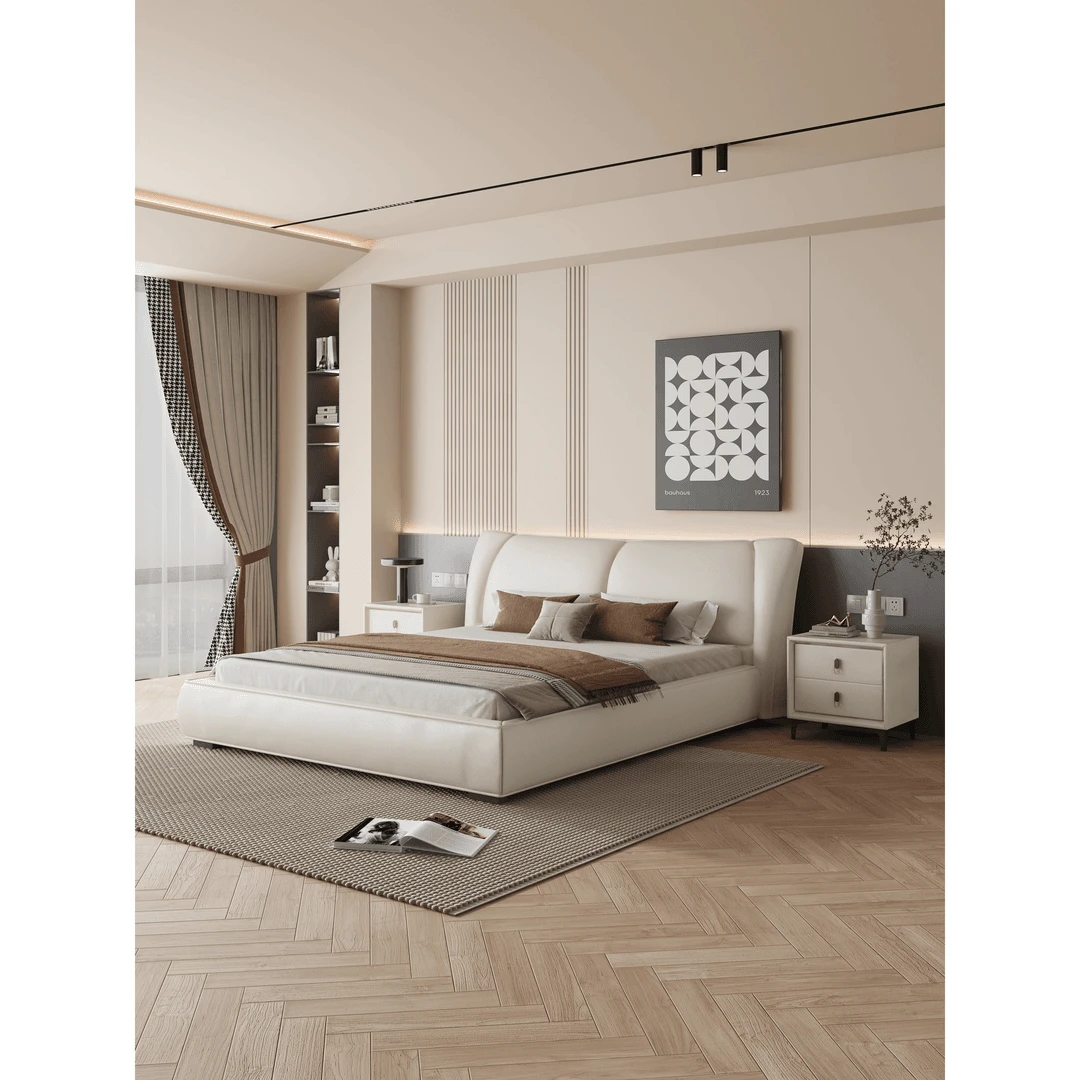 头层牛皮主卧双人床现代简约床软包轻奢床架子小户型主卧室双人床