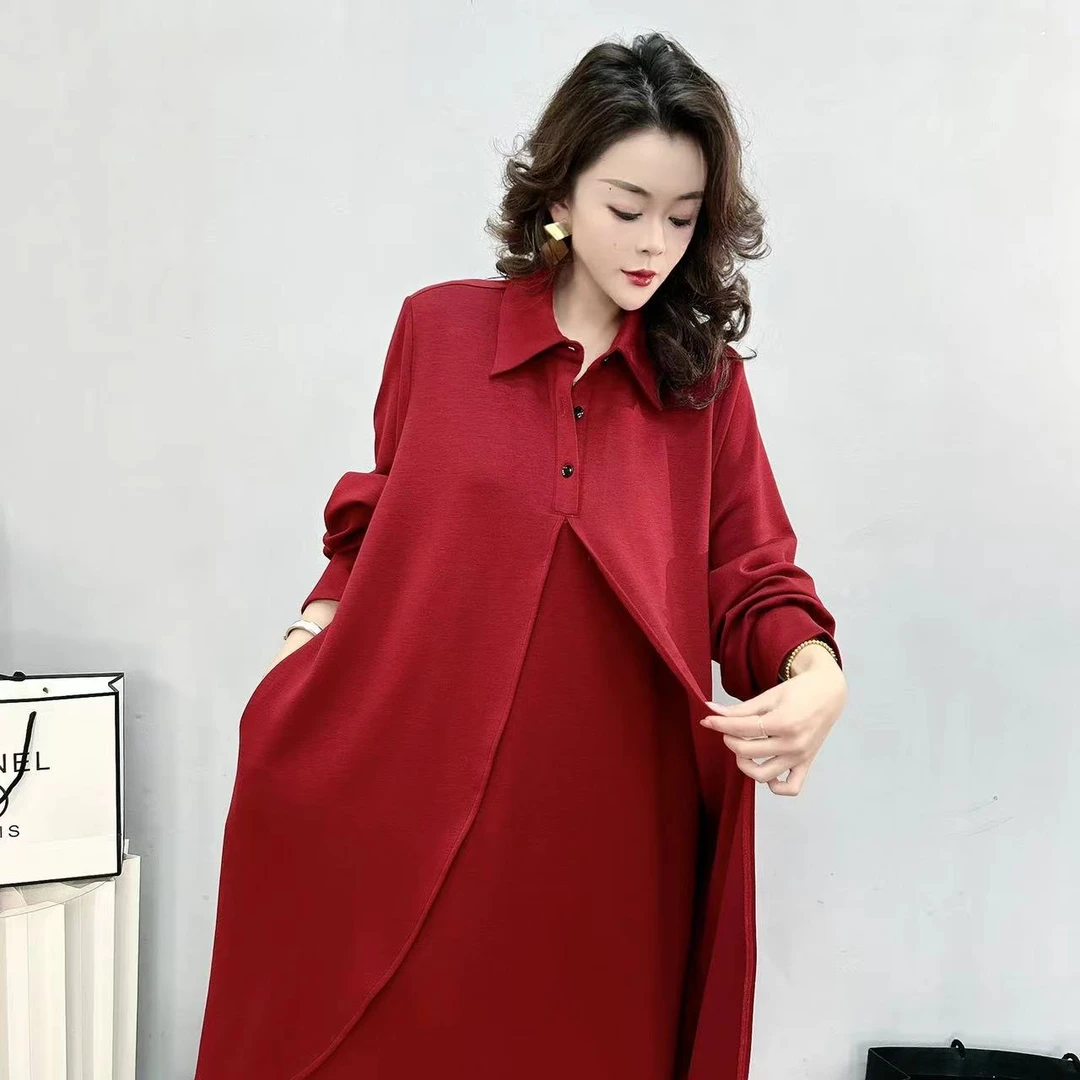 【Kqys】显瘦气质百搭时尚长袖设计师春季假两件宽松连衣裙99335