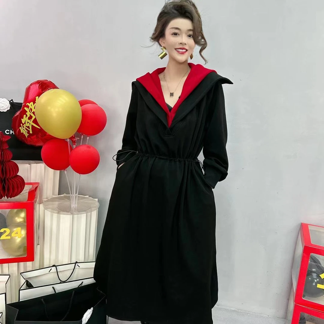 【Kqys】显瘦气质时尚休闲连帽长款假两件不加绒宽松连衣裙X82074-1