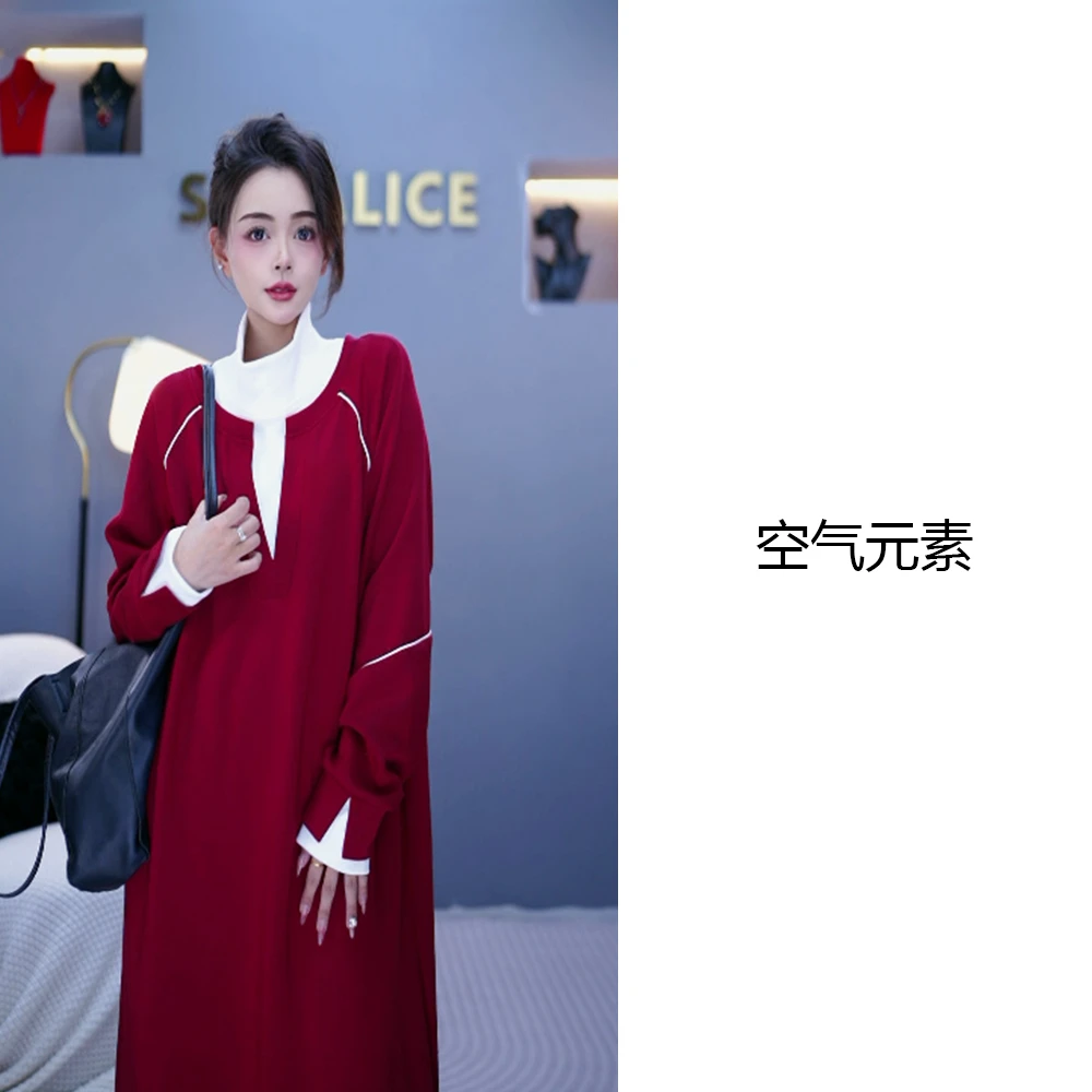 【Kqys】秋冬拼接撞色宽松休闲立领连衣裙F0933