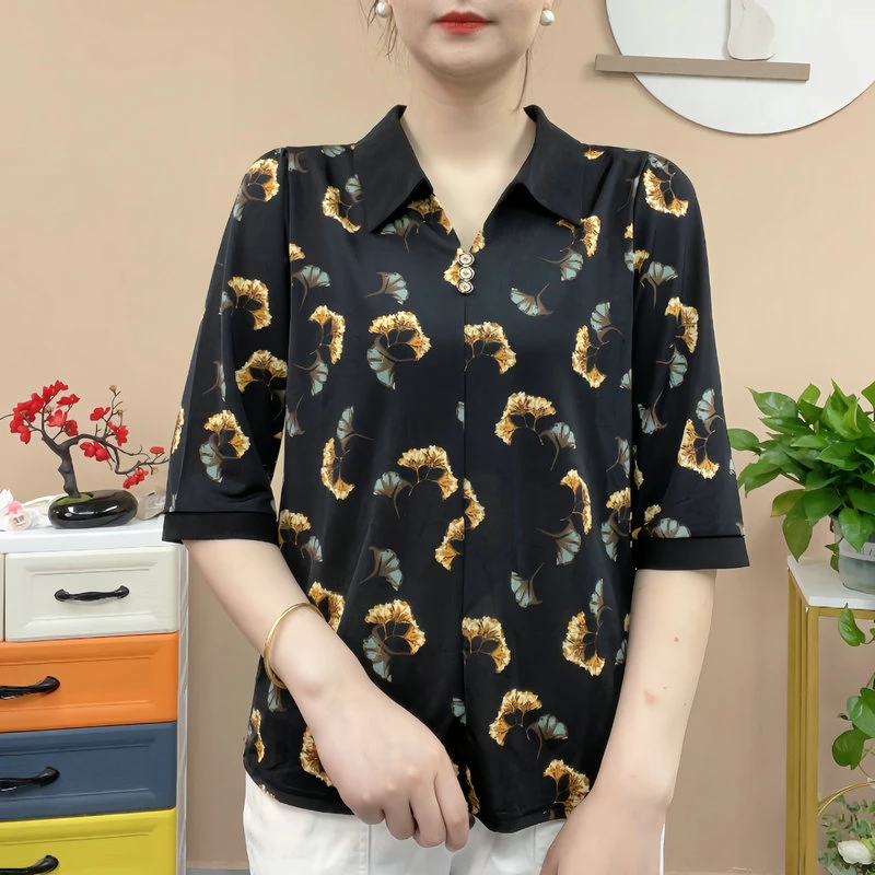 春季新款女装中袖小衫洋气气质妈妈装时尚显瘦遮肚翻领上衣